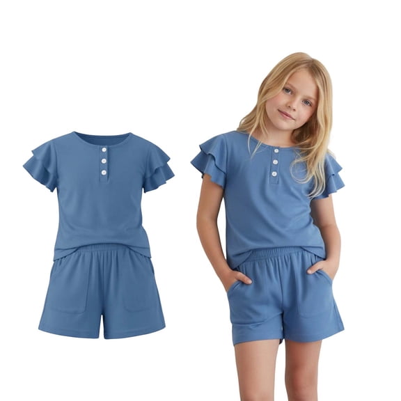 Girls 2 Piece Outfits Short Sleeve Crew Neck Button Top and Shorts Set Summer Clothes Girls Sets Size 13-14 Years