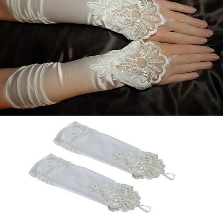 Ruffle Lace White Ivory Fingerless Satin Gloves wedding bridal formal Prom