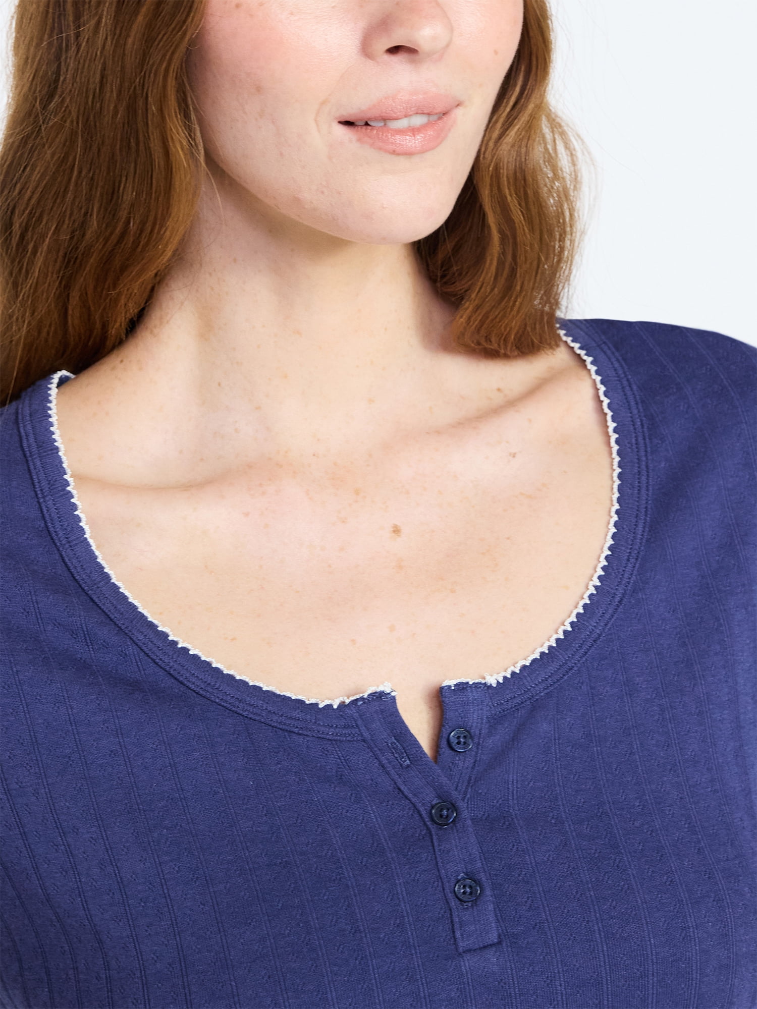 Joyspun Women’s Pointelle Knit Sleepwear Henley Tee with Short Sleeves, Sizes XS-3X
