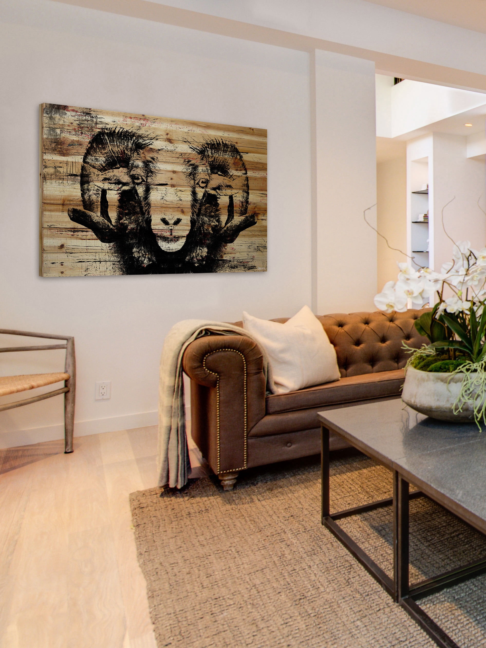 "Staring Ram Eyes" Painting Print on Natural Pine Wood