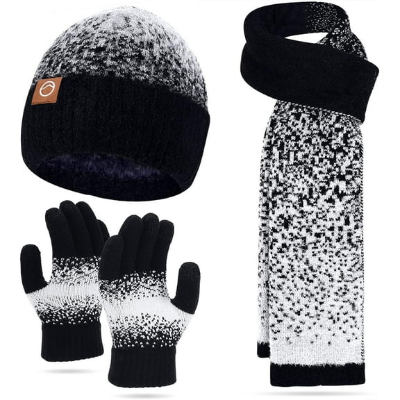 Womens Winter Beanie Hat Scarf Gloves Set - Touchscreen Gloves,Long Knit Scarf & Ombre Snowflake Design Beanie Set for Women