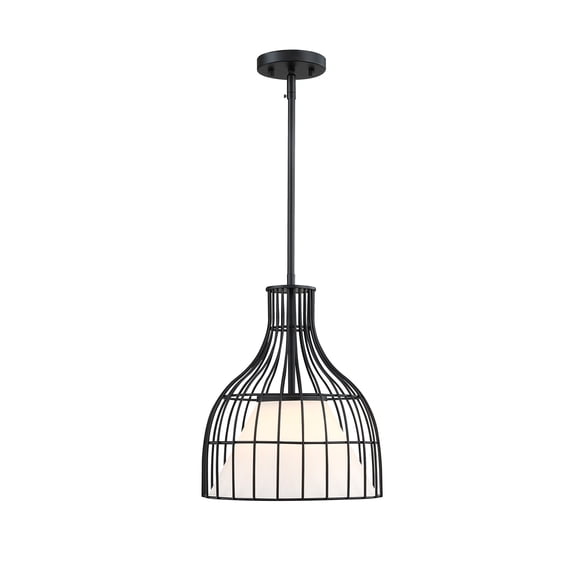 Evensong 60 Watt 1-Light Matte Black Bell Pendant with Etched Opal Glass Shade and Metal Outer Cage