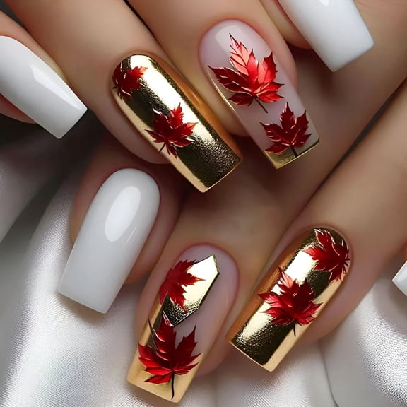 RAGUPEL 24 Pcs Leaf False Nails Autumn Winter Acrylic Nails Medium Square Full Covers Stick-on Nails