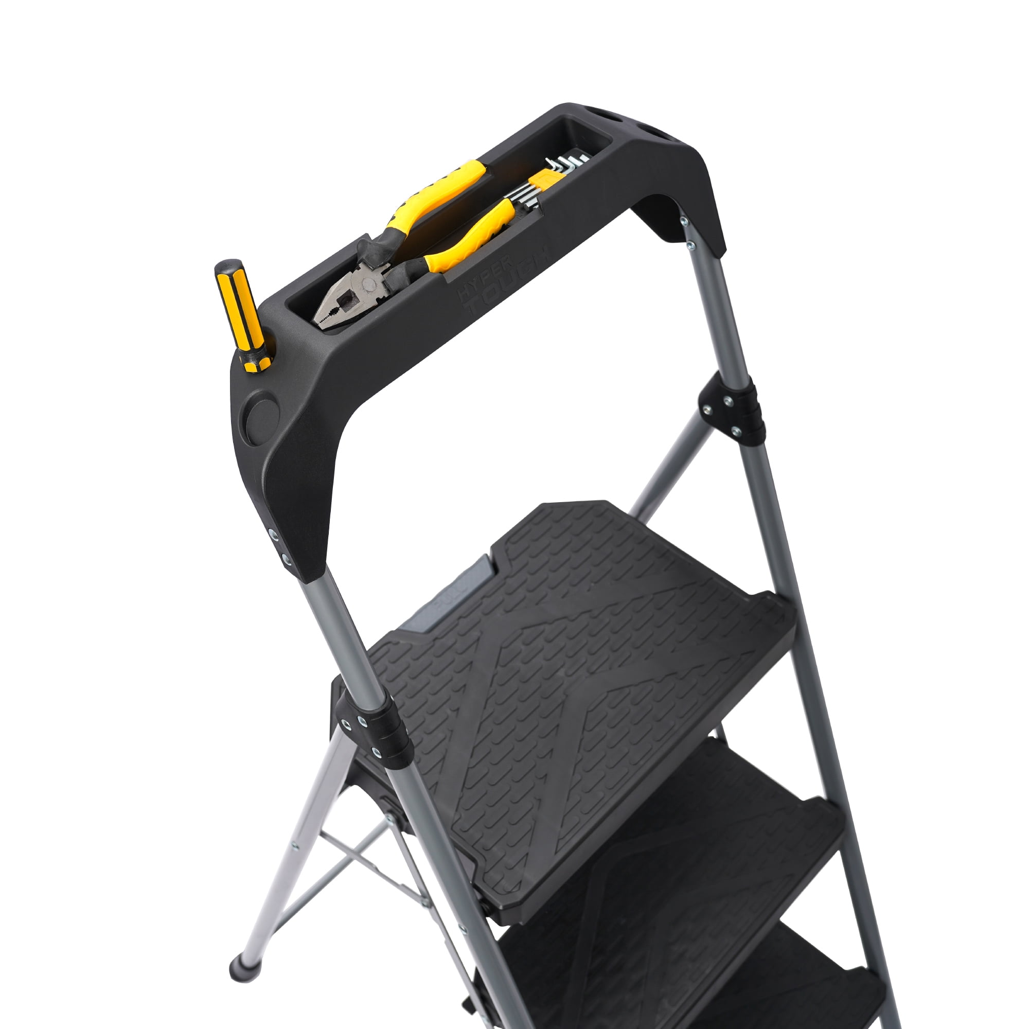 Hyper Tough 3-Step Foldable Steel Step Stool, Gray & Black, Large Platform, 300 lb Capacity