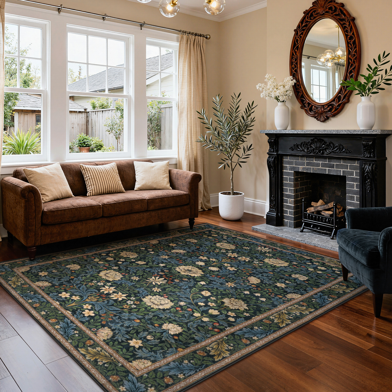 Lahome Non-Slip Washable 8x10 Area Rug, Boho Floral Vintage Low-Pile Carpet for Living Room Bedroom Dining Room and Office, Soft Indoor Mat in Dark Green/Black