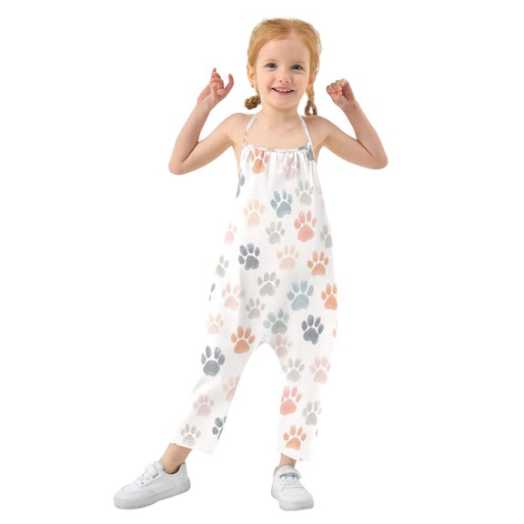 Girls' Jumpsuits Rompers Summer Casual Sleeveless Rompers With Pockets Spaghetti Strap Romper Watercolor Dog Paw Prints 1T