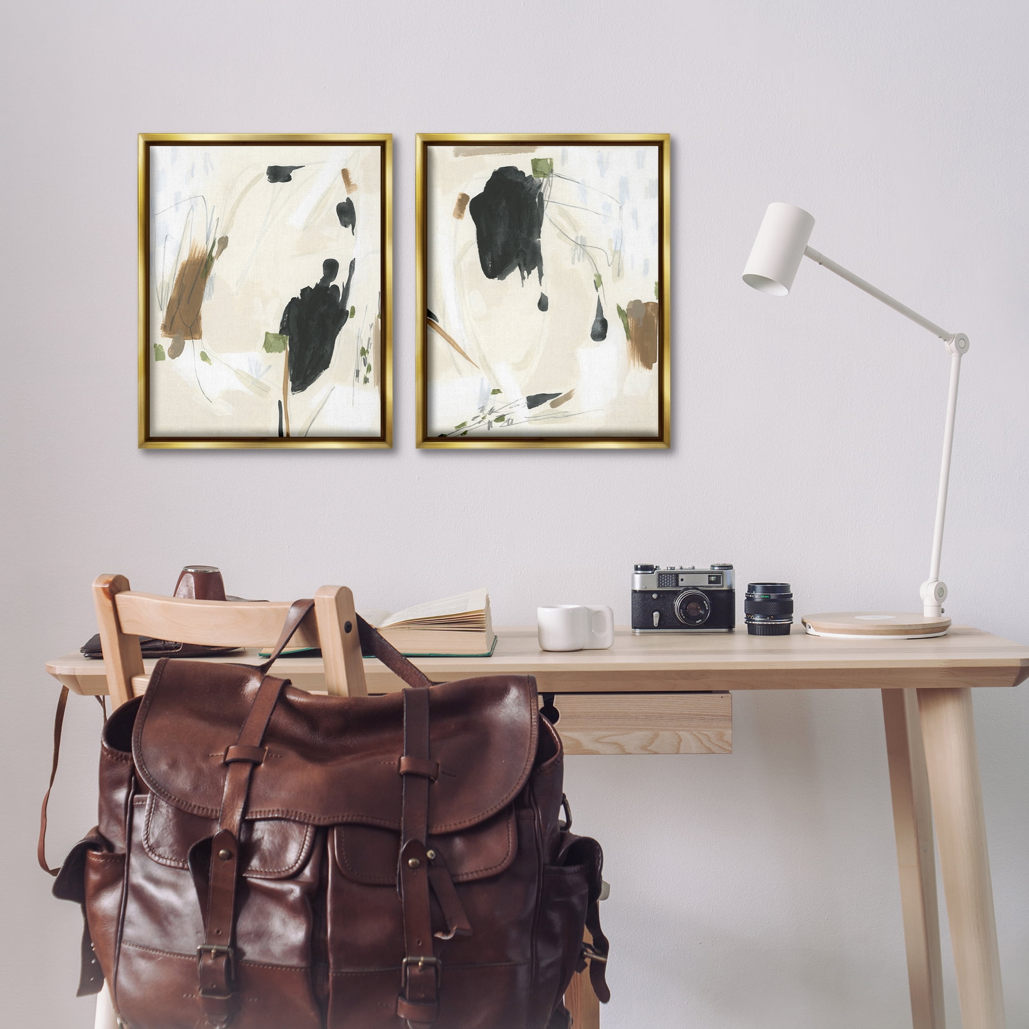 Stupell Industries Beige Olive Abstract Classic Abstract Painting Gold Floater Framed Canvas Art Print Wall Art, 17 x 21, Set of 2