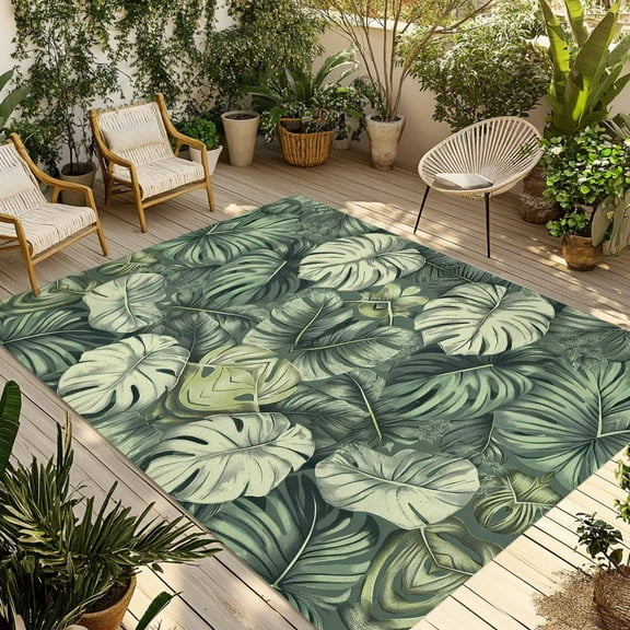 Fsddascl Palm Leaves Outdoor Rug for Patio/Deck/Porch, Non-Slip Large Area Rug 5 x 8 Ft, Country Summer Botanical Tropical Plants Indoor Outdoor Rugs Washable Area Rugs, Camping Rug Carpet