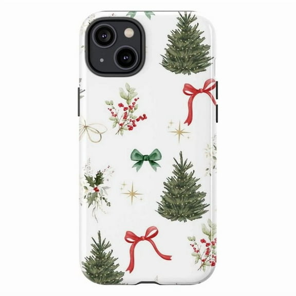 Christmas Tree & Ribbon Phone Case, Festive Holiday Bow Gift Pattern iPhone Cover, Cute Winter Aesthetic Protective Case for iPhone 17 16 15 14 13 12 11 Plus Pro Max Mini