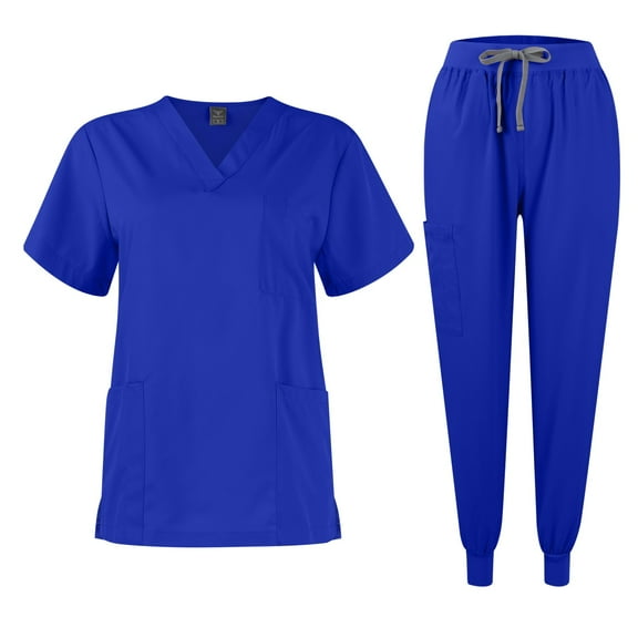 Scrubs for Women Set Modern V-Neck Top & 5 Pocket Jogger Pants Athletic Nursing Uniform Solid Stretch Workwear Royal Blue S