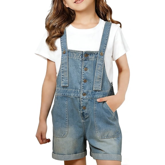 KAUOD Denim Overall Shorts for Girls Button Down Adjustable Strap Denim Shortall Wide Leg Romper Summer Pocket Jumpsuit