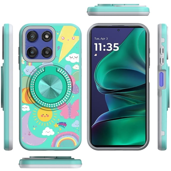 For Motorola Moto G Stylus 5G 2026 /2025 Pattern Design Hybrid with Invisible Ring Stand & Magnetic Back, Shockproof Protective Grip Cover, XPM Protector [Aqua with Celestial Sun Rainbows]