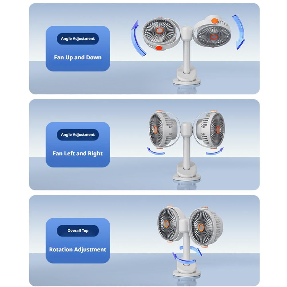 Dual Head Clip on Fan - Rechargeable Portable Desk Fan with LED Light, 360 Rotatable USB Clip Fans with 5 Speeds Wall Mounted & Hanging Quiet Cooling Fans for Stroller, Car, Office, Camping & Bed