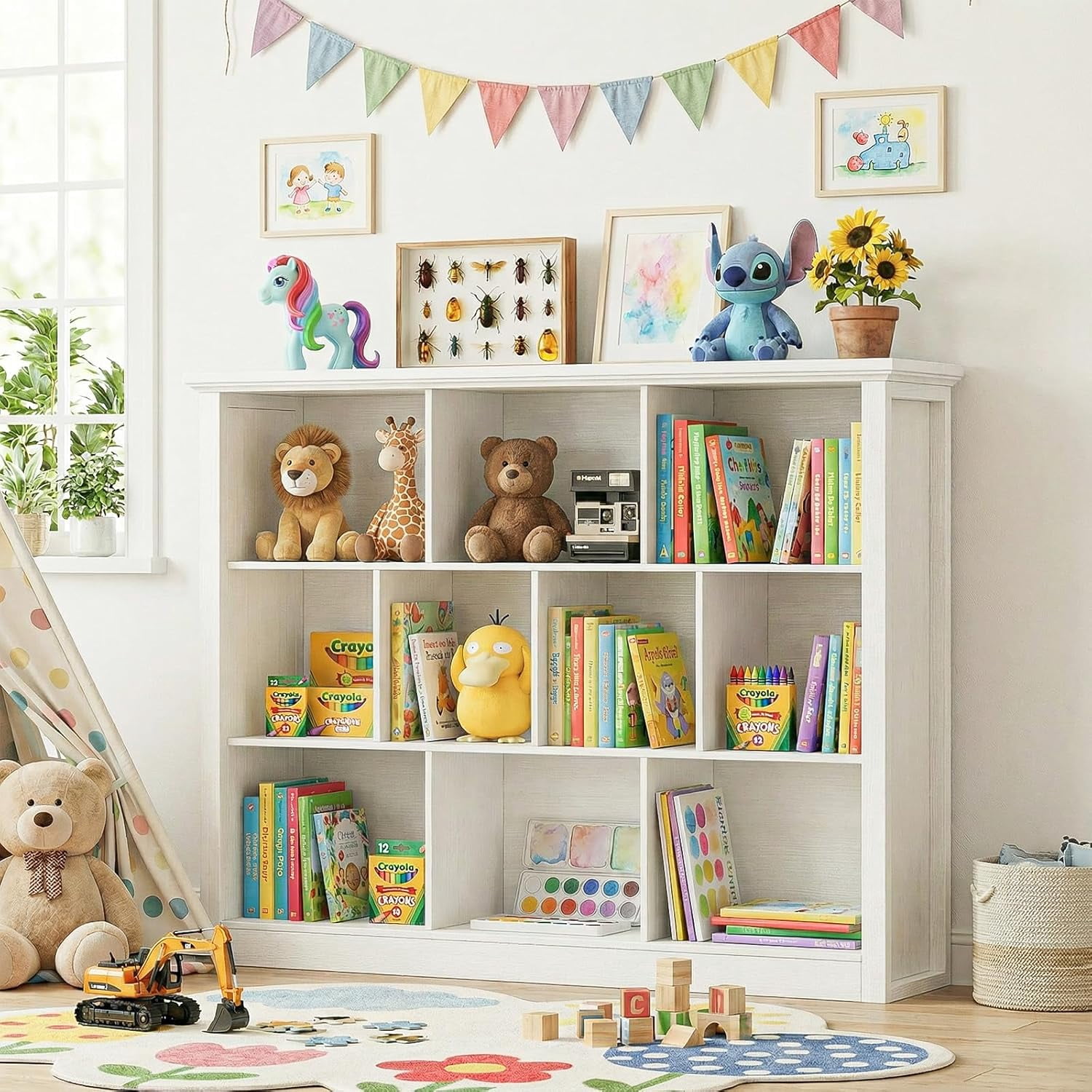 Homieasy 50" Wood Cube Storage Organizer, 10 Cube Storage Book Shelf, Wooden 3 Tiers Floor Standing Low Bookcase for Living Room, Bedroom, Home Office, Kids Room, White