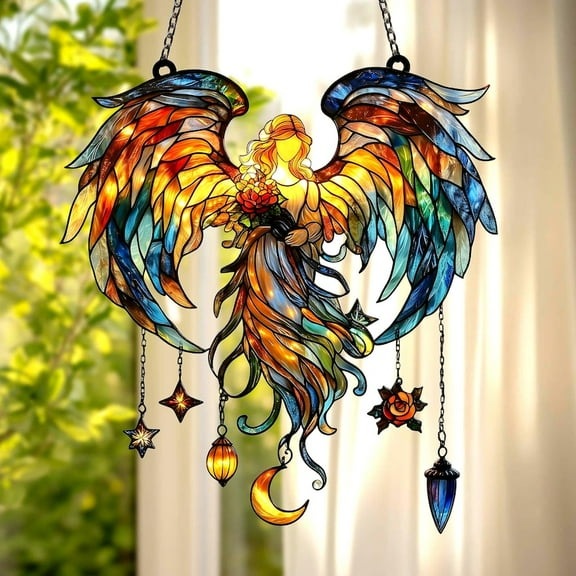 Rainbow Wings Angel Acrylic Suncatcher, Celestial Faux Stained Glass Window Hanging With Stars, Moon & Rose Charms, Gift For Her