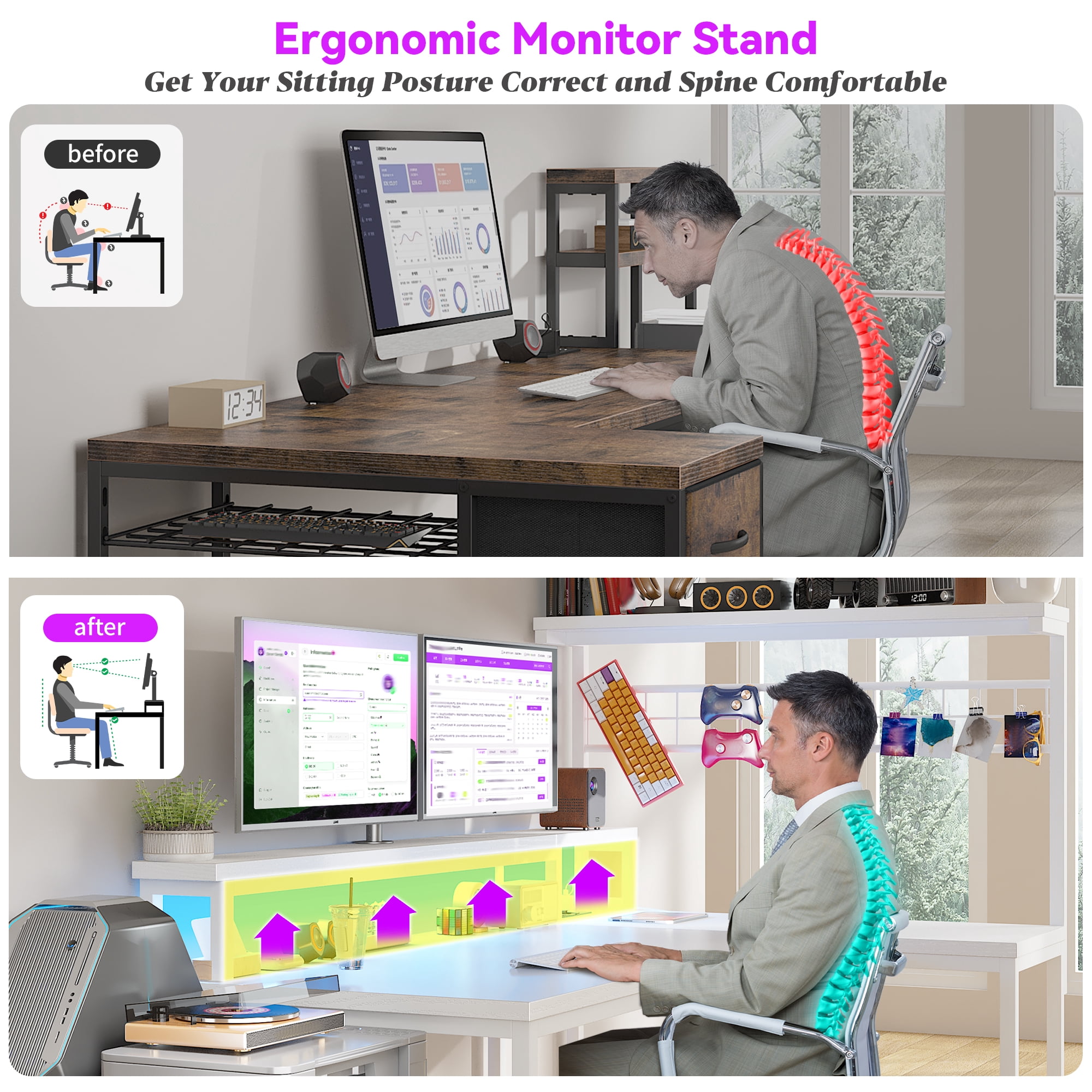 Enhomee  L Shaped Desk Gaming Desk with LED Light & Power Outlet 63 Inch Reversible L Shaped Computer Desk with Long Monitor Stand & Storage  Shelf, Corner Desk for Home Office Desk, White