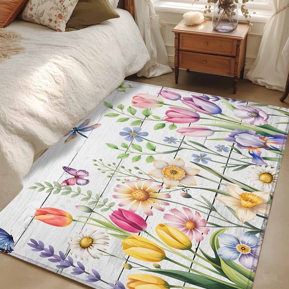 Area Rug for Living Room, Wildflowers Non-Slip Indoor Large Carpet for Bedroom/Dining Room, Spring Farmhouse Tulip Floral Leaf Wooden Grain Washable Low-Profile Rectangle Floor Runner Rugs - 4 x 6 Ft