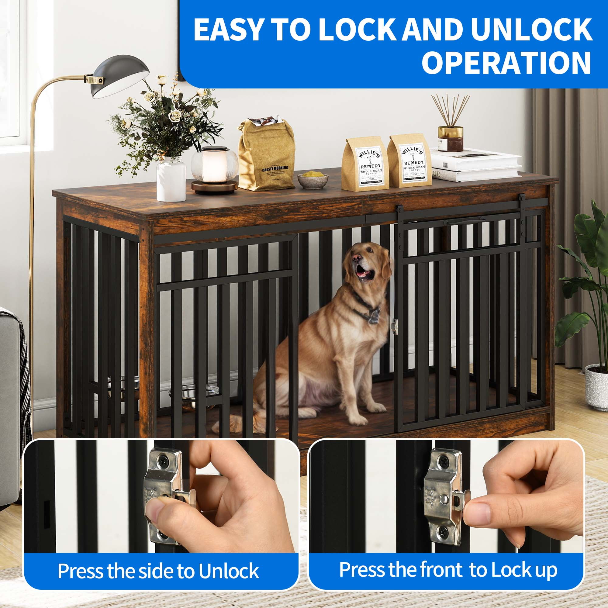 Dextrus Dog Crate Furniture with Sliding Doors, 55.1 In Large Wooden Indoor Dog Kennel Dog Cage Table with Dog Bowl for Medium Extra Large Dogs