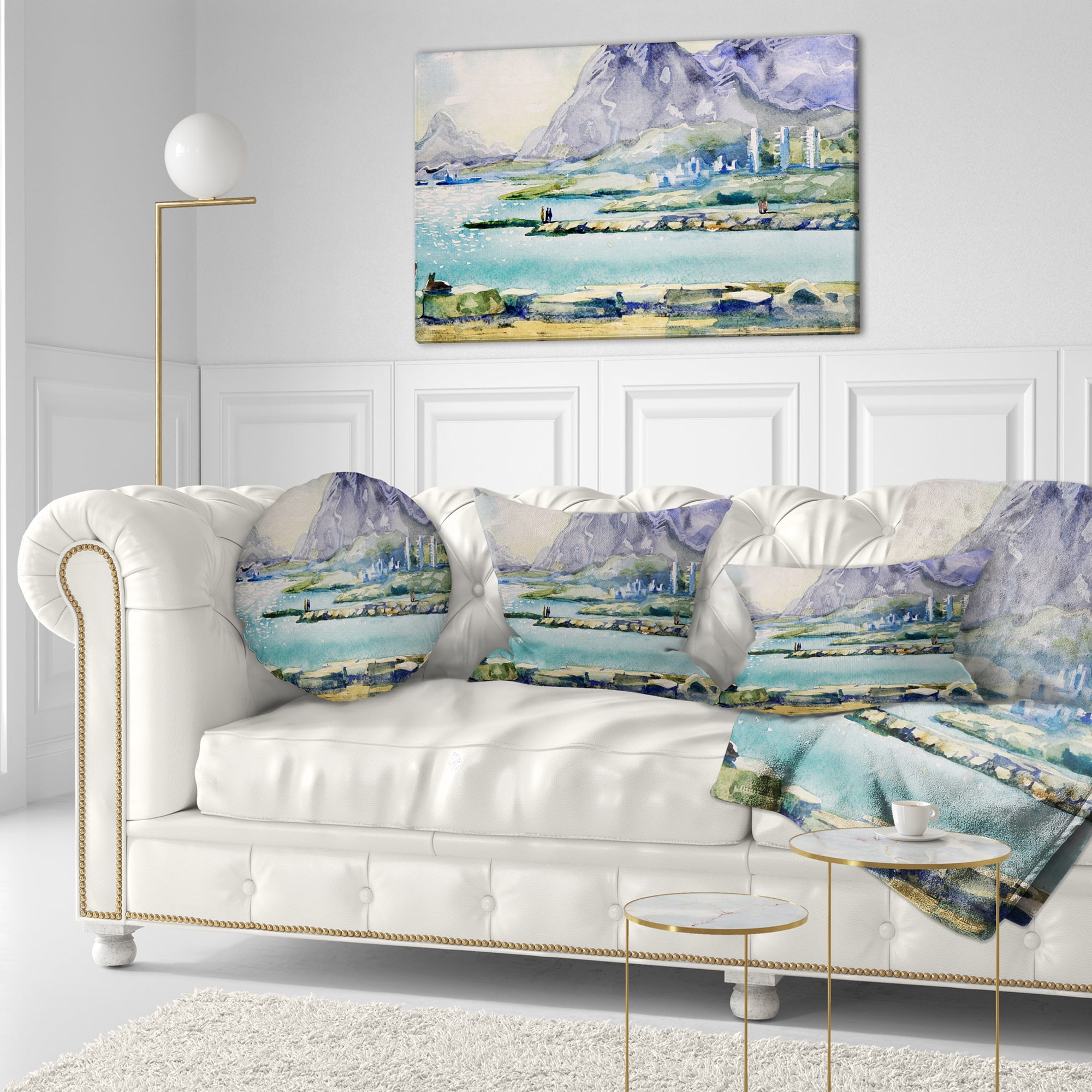 Designart Watercolor Blue Hills - Landscape Printed Throw Pillow - 12x20