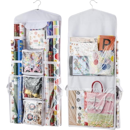 ZJQYDS wrapping paper organizer storage hanging gift bag storage organizer Double-Sided wrapping paper holder storage-White