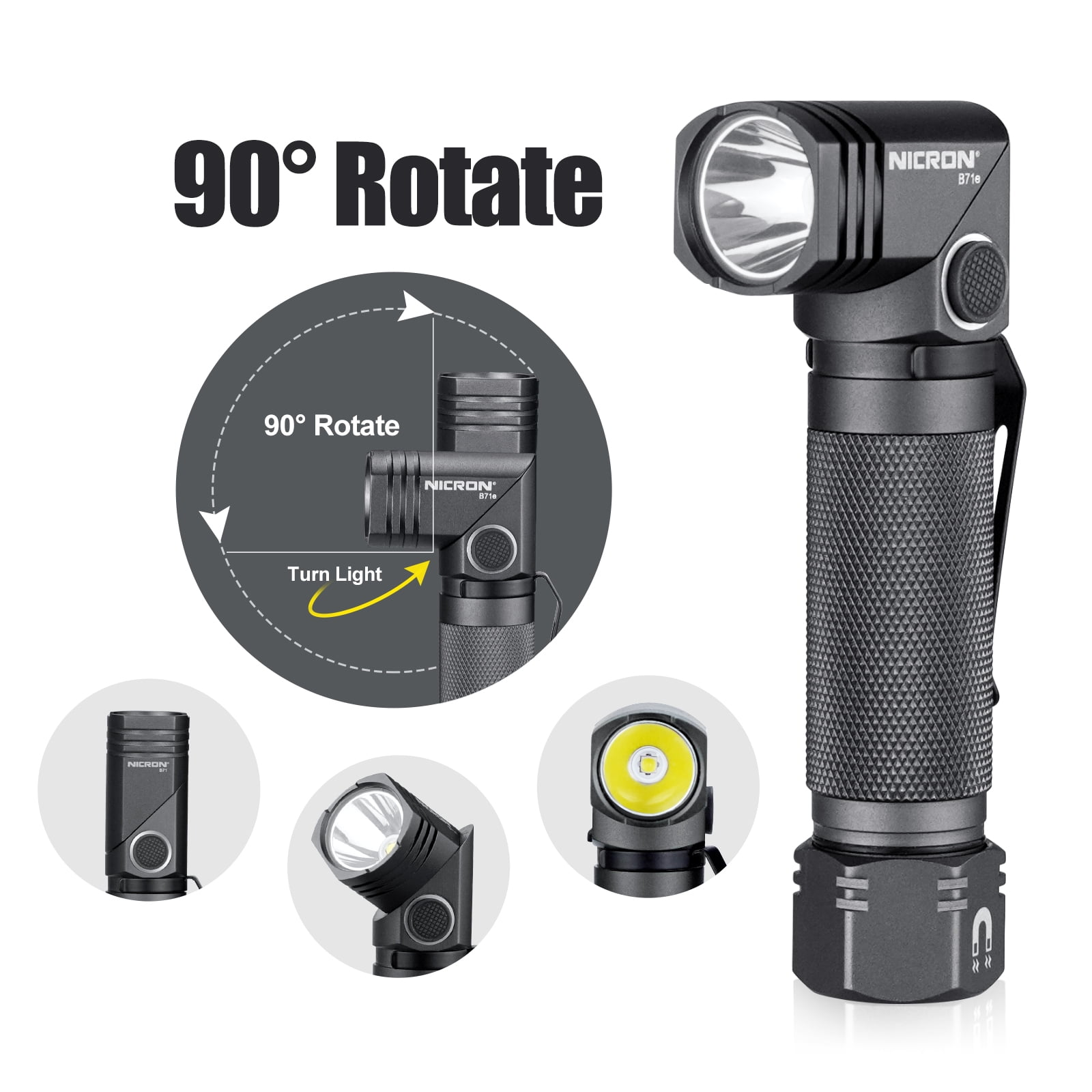 1300 Lumens Rechargeable Magnetic Flashlight, 6 Modes LED 90 Degree Flashlight Twist IP65 Waterproof EDC Pocket Torch, Tactical Flashlight for Camping