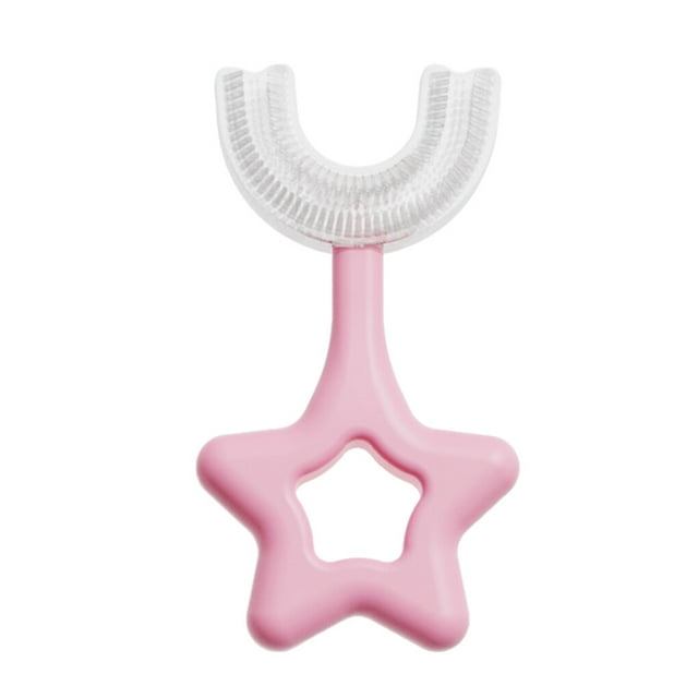 Inteprter Cepillo de dientes de bebé de mano de doble cara de silicona de 360 grados cepillo de masaje de limpieza de dientes ergonómico Suministros de limpieza para el hogar rosado S