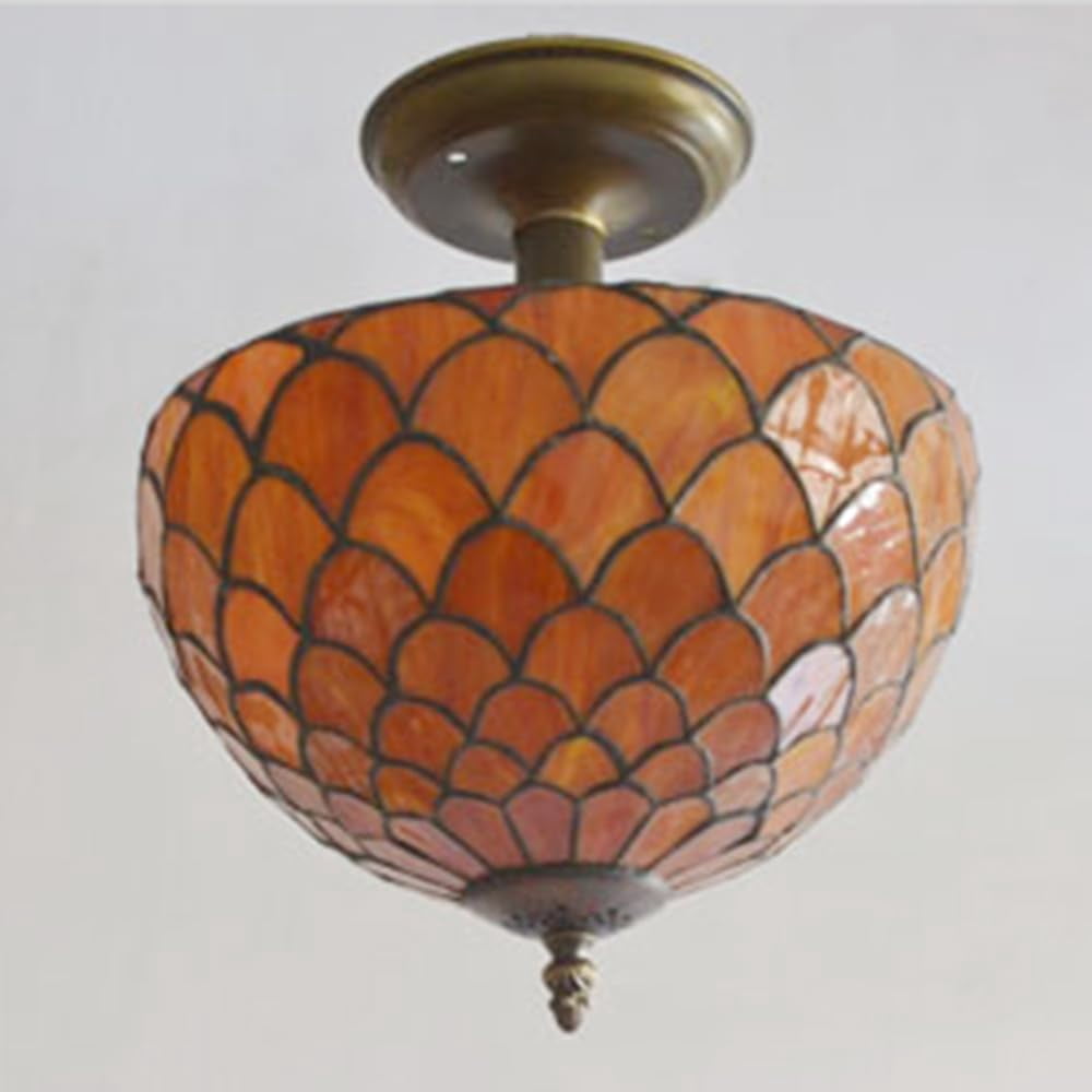 Kiven 11.8in Plug-in Flush Mount Ceiling Light Fixture, 2-Light Anti Glare Close to Ceiling Light with 15FT Cord, Tiffany-Style Glass Chandelier Dimmable for Bedroom Kitchen Hallway(No.3188)