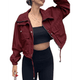 thumbnail image 3 of Womens Cropped Jacket Zip Up Oversized Utility Anorak Coat with Pockets Wine Red XL, 3 of 8