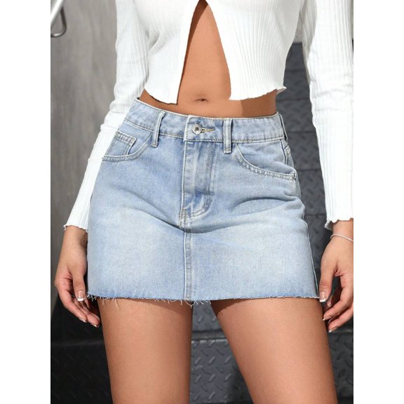 Light Wash Blue Denim Mini Skirt With Frayed Hem And Slant Pockets