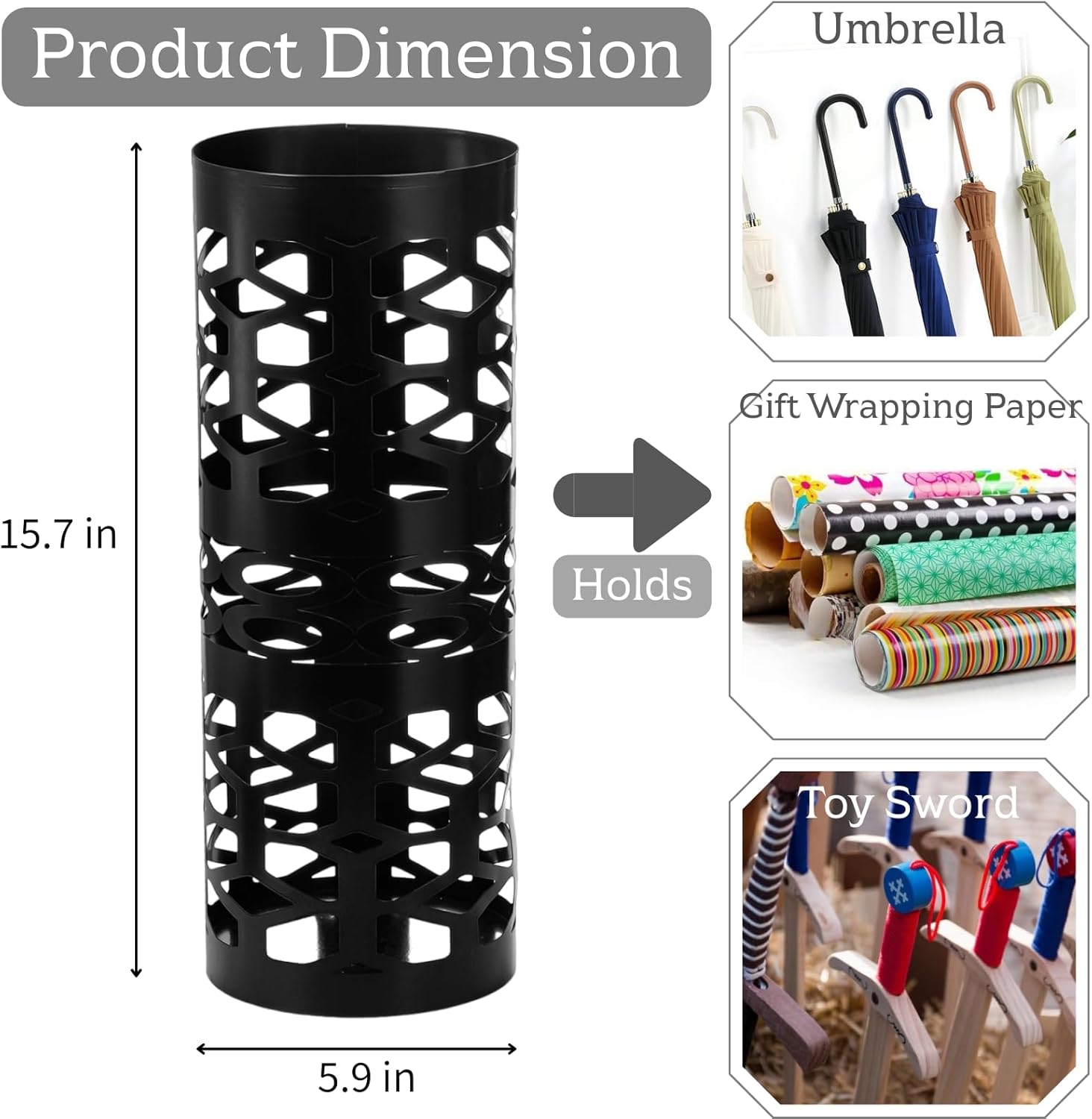 Umbrella Stand, Black Metal Umbrella Holder Freestanding, Cane Walk Stick Holder, Round Umbrella Rack for Entryway, Home, Office, 5.9 x 5.9 x 15.7 Inches