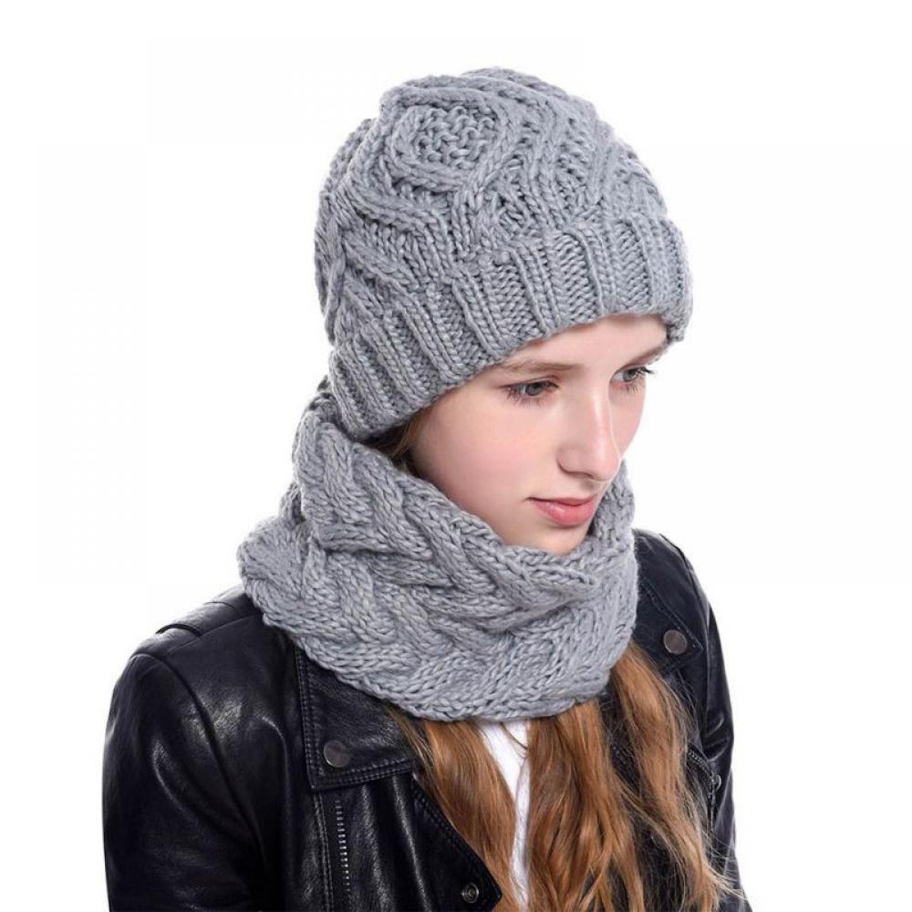 Womens Winter Beanie Hat Scarf Set Warm Fuzzy Knit Hat Neck Scarves