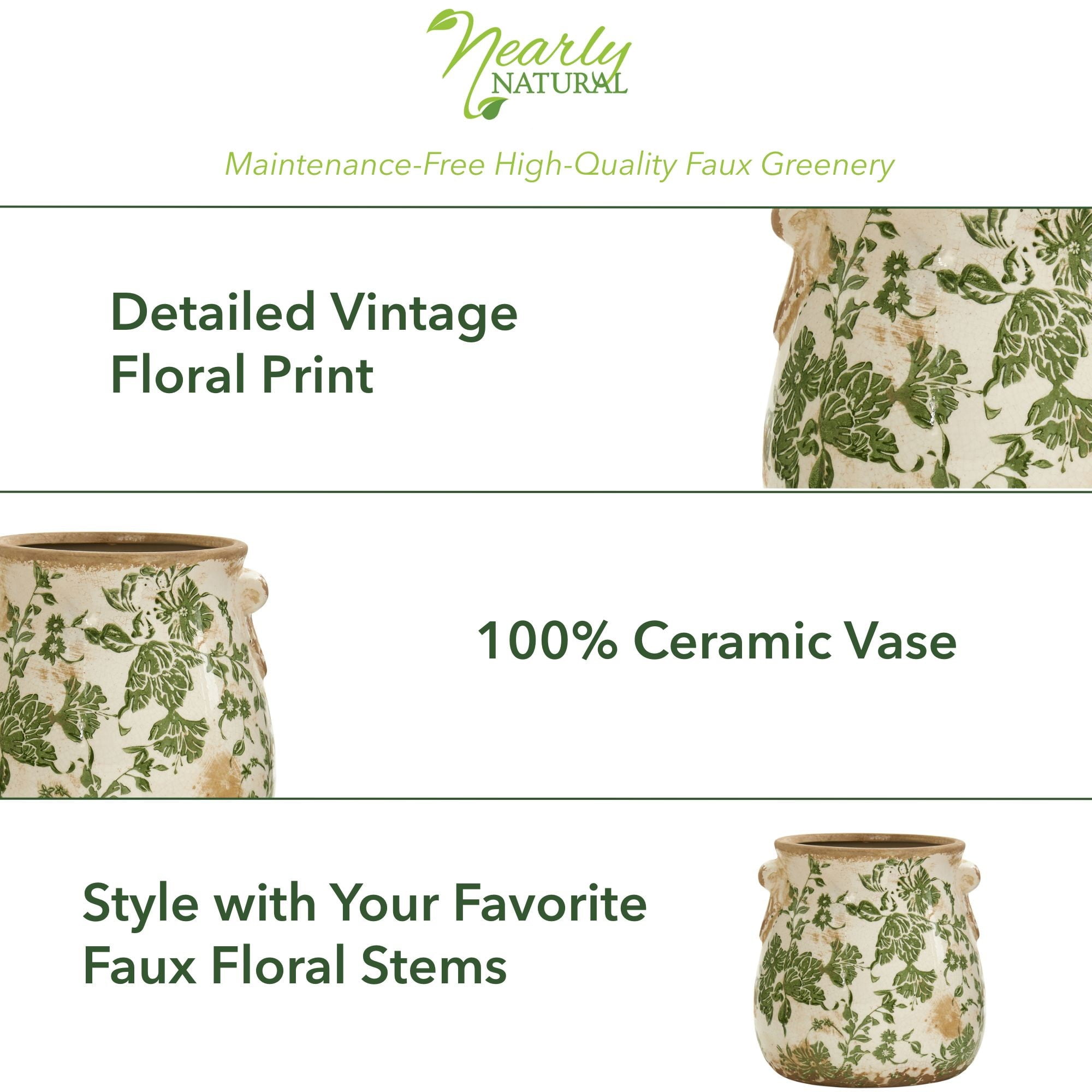 Nearly Natural 6.5" Tuscan Ceramic Green Scroll Planter