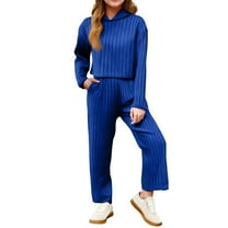 LTTVQM Girls Winter Two Piece Outfits 9-10 Casual Long Sleeve Ribbed Knit hoodie Warm Soft Long Pants Girl Set Blue 9-10 Years