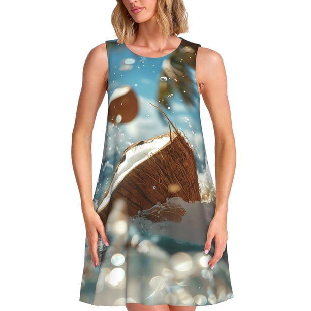 Balery Fresh Coconut Splash Vestidos de verano para mujer con estampado: vestido holgado sin mangas, vestido playero informal y cómodo para días calurosos.