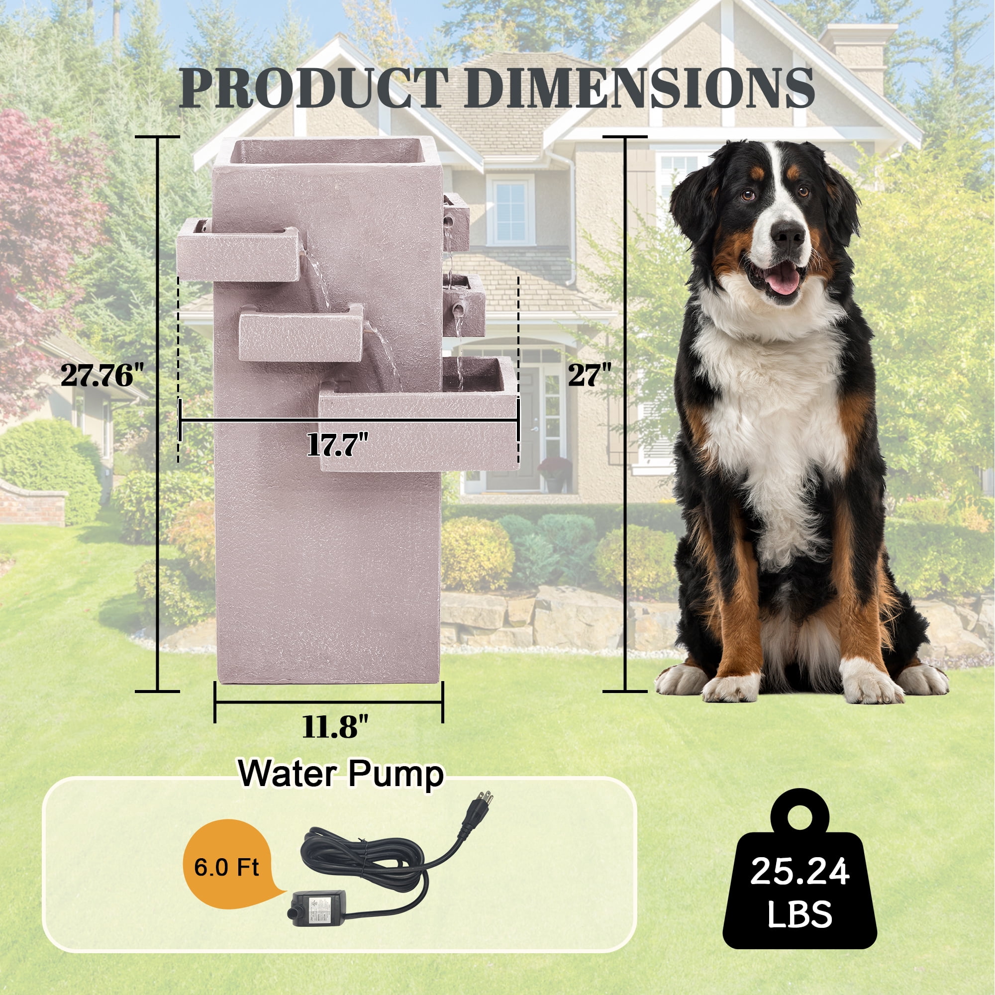 Kaluomm Outdoor Water Fountain 28" Modern Square, Textured Resin Cascading Waterfall for Garden Yard Patio, Beige