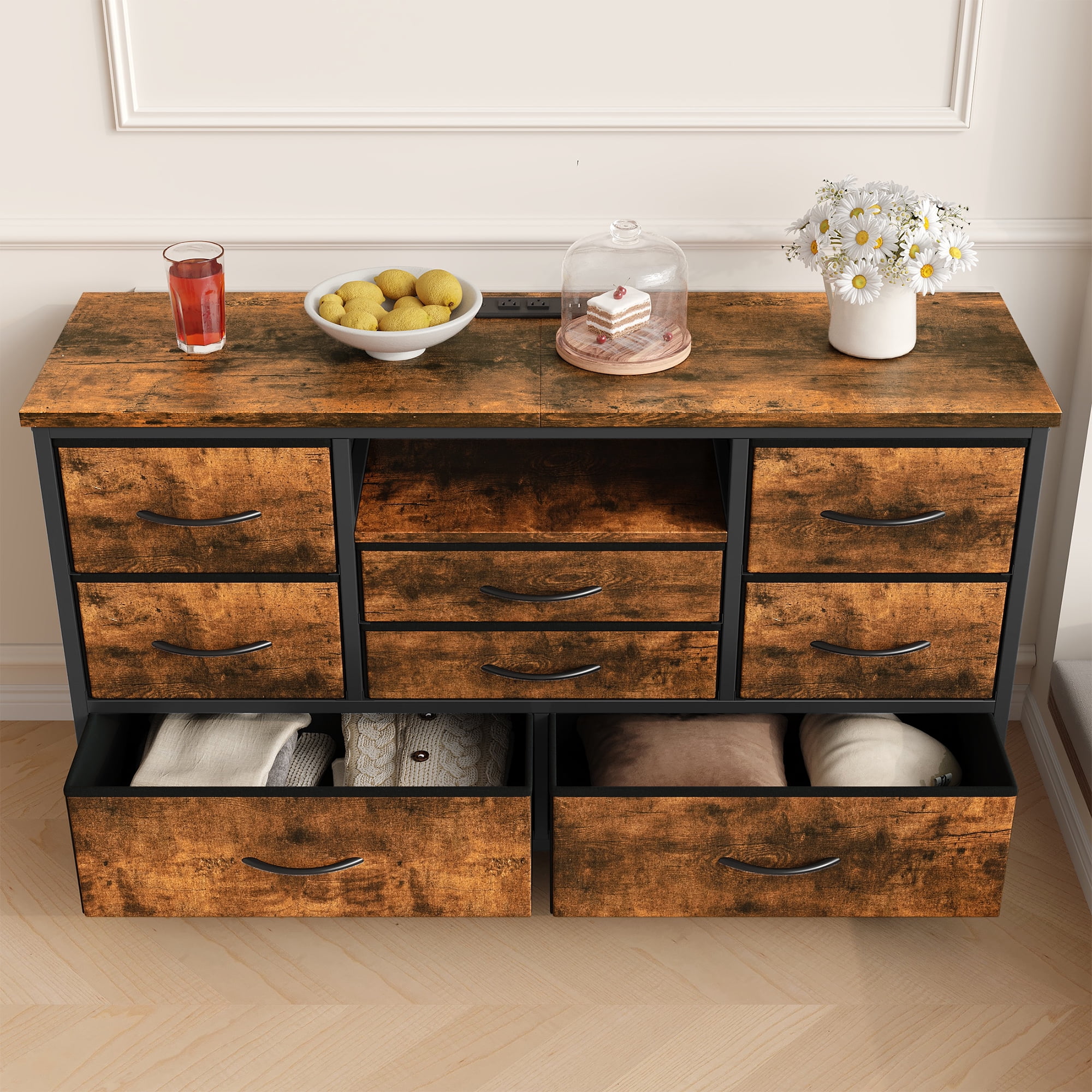 KOKEBREN 47.4"Wide Dressers for Bedroom 8 Fabric Drawers Dresser with LED lights & Power Outlet TV Stand for 55" TV,Rustic Brown
