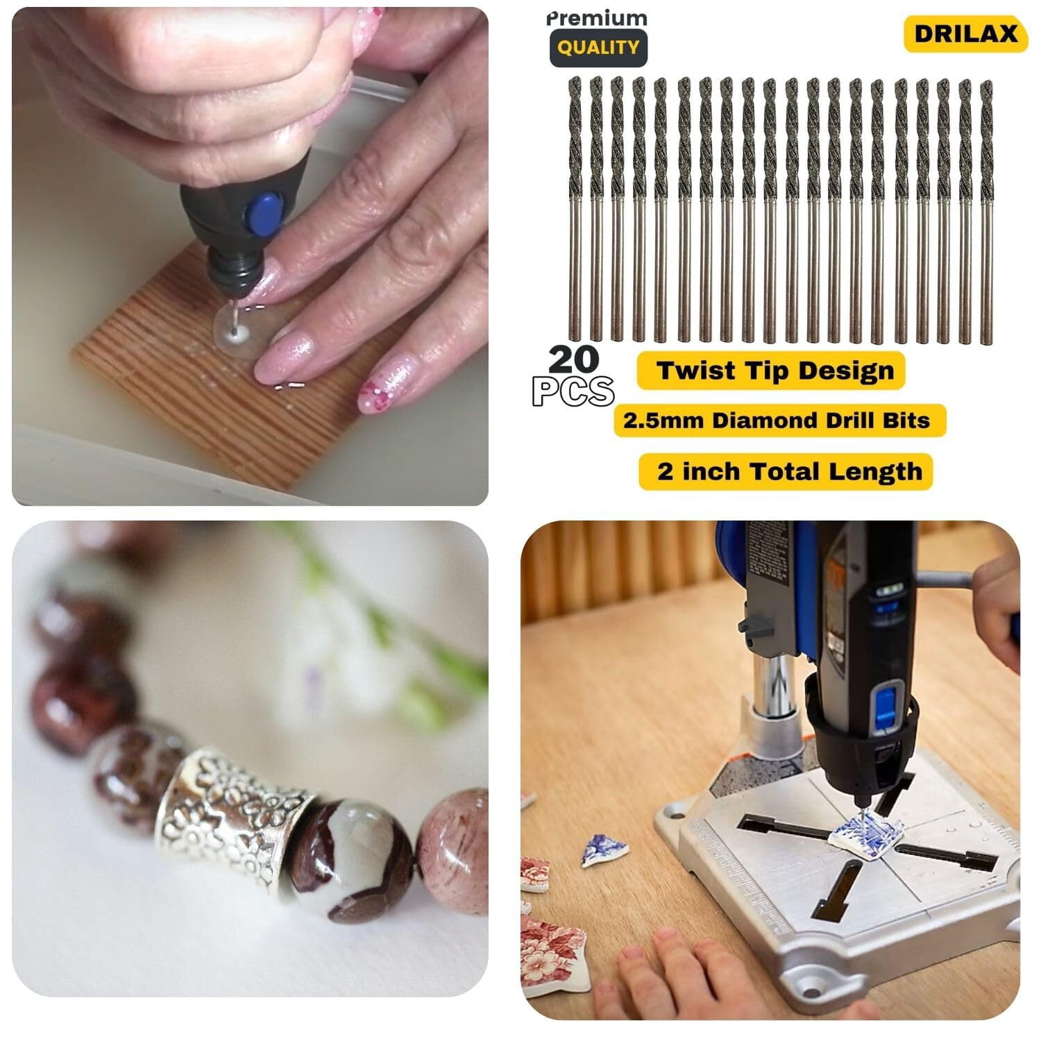 Diamond Drill Bit 2.5mm 20 Pieces Set Twist Tip Glass Drilling Making Jewelry Necklace Earrings Pendants Bracelets with Sea Shells Beach Rocks Ceramic Porcelain Gemstones