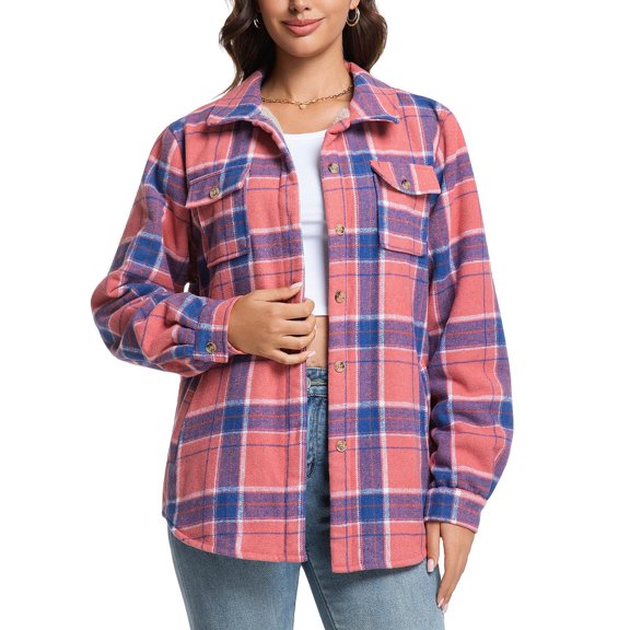 Womens Flannel Plaid Shacket Jacket Fleece Sherpa Lined Button Down Tartan Trench with Pocket Fashion Coat