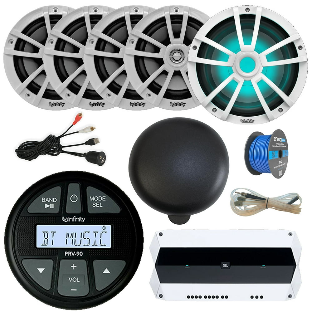 Pontoon Boat Audio System Bluetooth AUX/USB Stereo PRV90 Receiver, 4x 6.5" 225W White Speakers