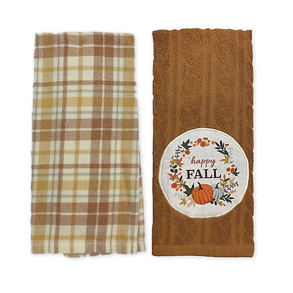 Mainstream Happy Fall Kitchen Towels 2-Pack, Cotton Autumn Harvest Wreath Design, 16x26 inch, Brown