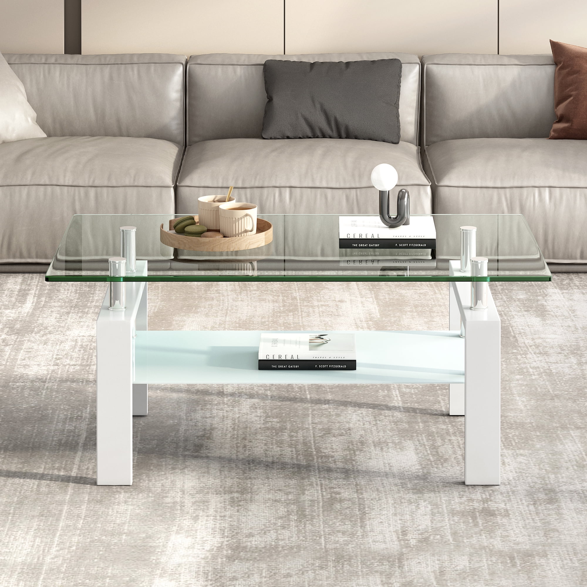 MAYEERTY Tempered Clear Glass Coffee Table, 2-Layers Coffee Table Living Room Center Table