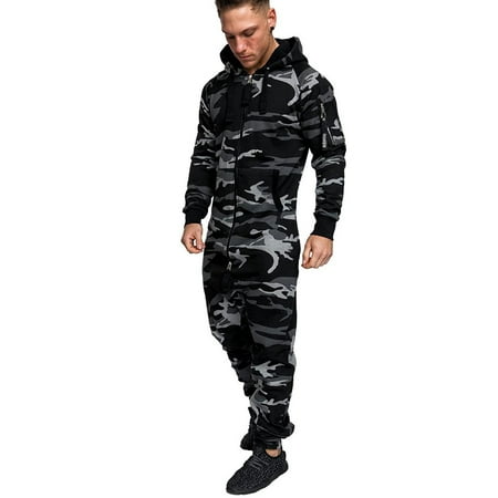 

XIAOFFENN Men Pajamas Splicing Autumn Winter Casual Hoodie Print Zipper Print Jumpsuit