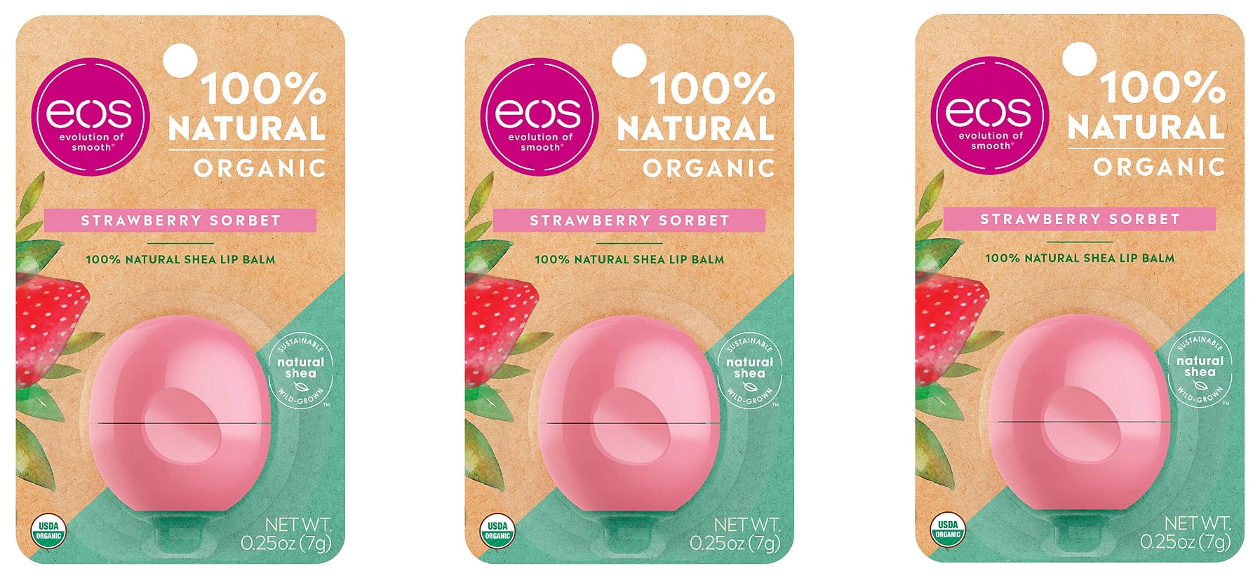 eos 100% Natural & Organic Lip Balm Sphere - Strawberry Sorbet 0.25 oz (3 Pack)