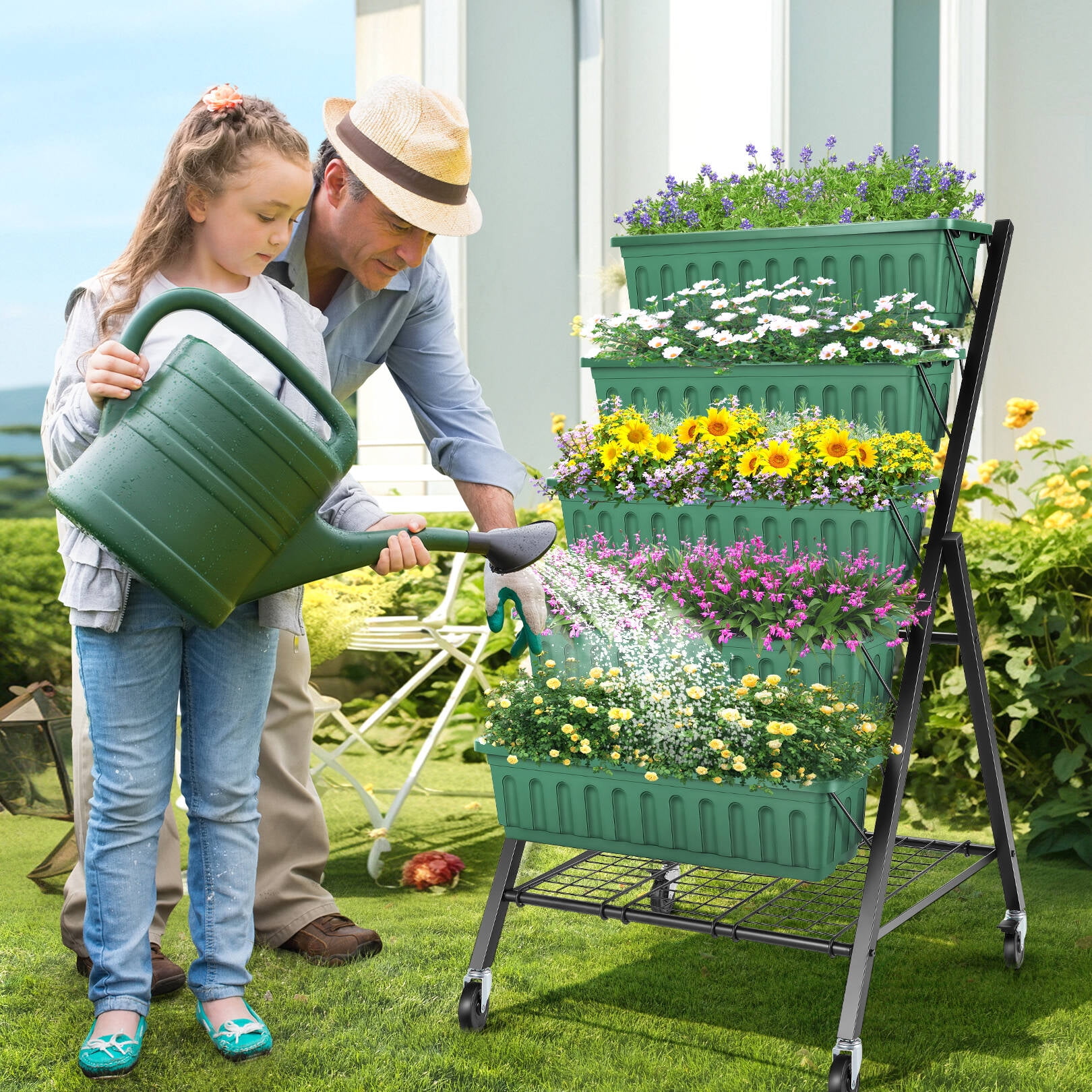 Funcid 4 ft Vertical Garden with Removable Locking Wheels 5-Tier Raised Garden Bed Planter Box for Patio Outdoor Planting Flower Herb Freestanding Garden Planter with Storage Shelf Green, 30"×26"×48"
