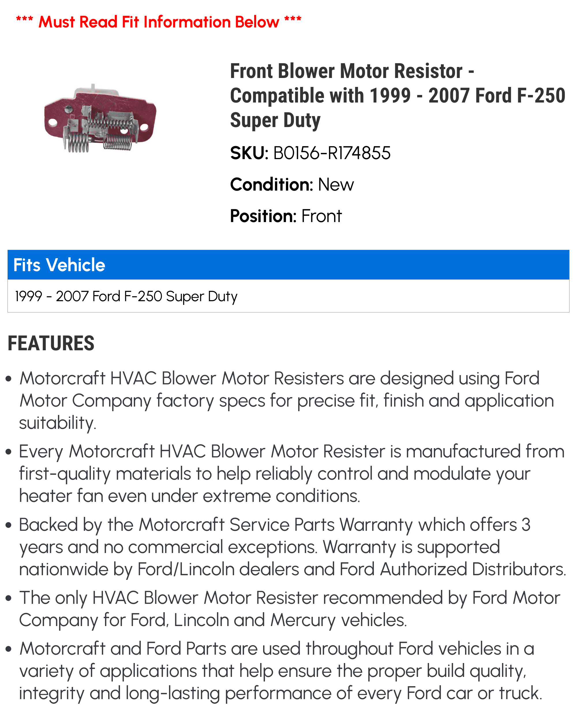 Front Blower Motor Resistor - Compatible with 1999 - 2007 Ford F-250 Super Duty 2000 2001 2002 2003 2004 2005 2006