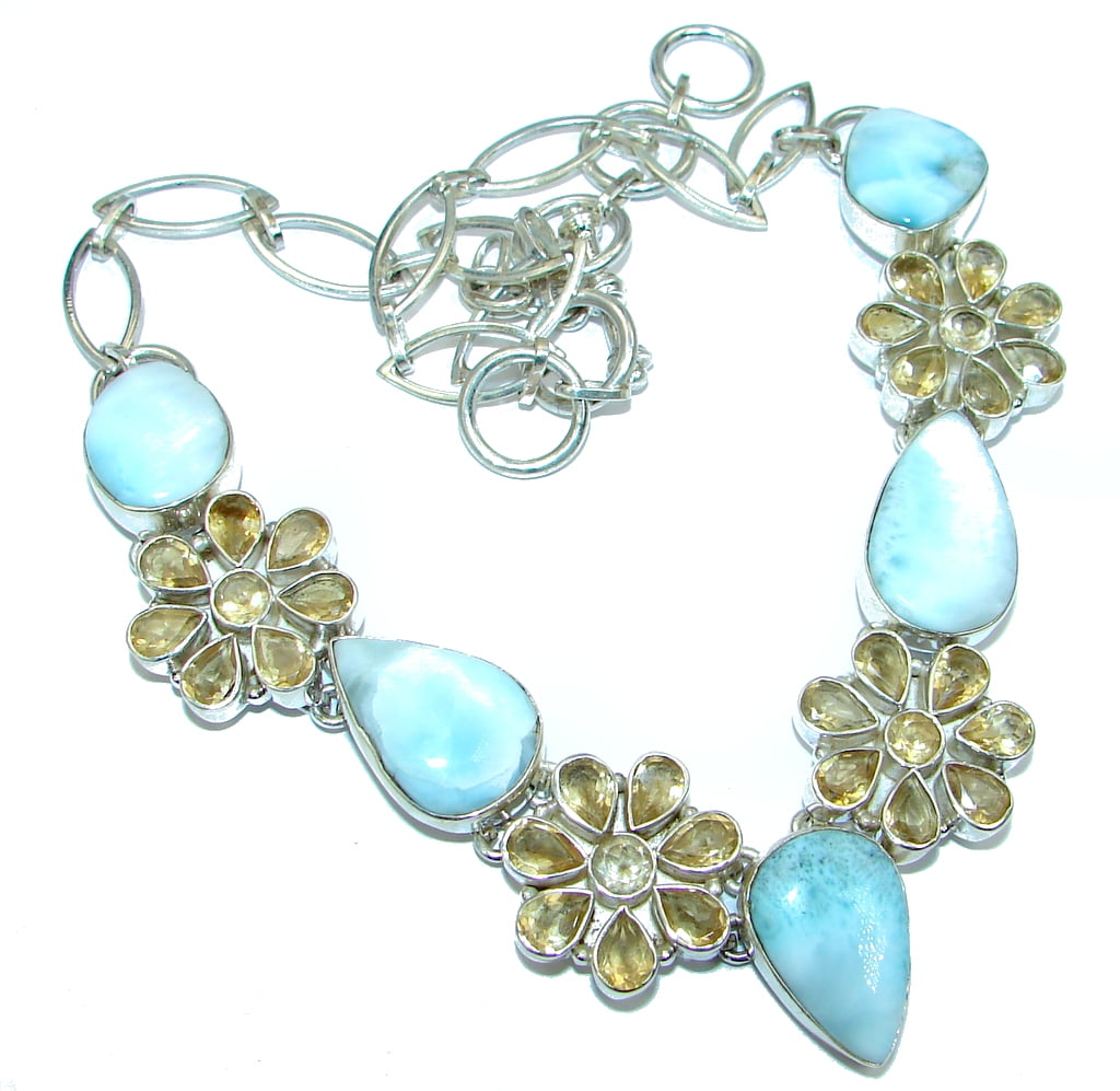Mega Chunky Larimar Citrine Sterling Silver handcrafted necklace by SilverRush Style by