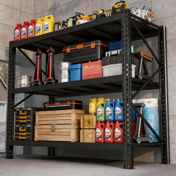 3 Tier Garage Shelving, Crossbar Reinforced Heavy-Duty Unit, 5000LBS Anti-Collapse Industrial Shelving for Overweight Goods, Black, 67"W x 20"D x 63"H