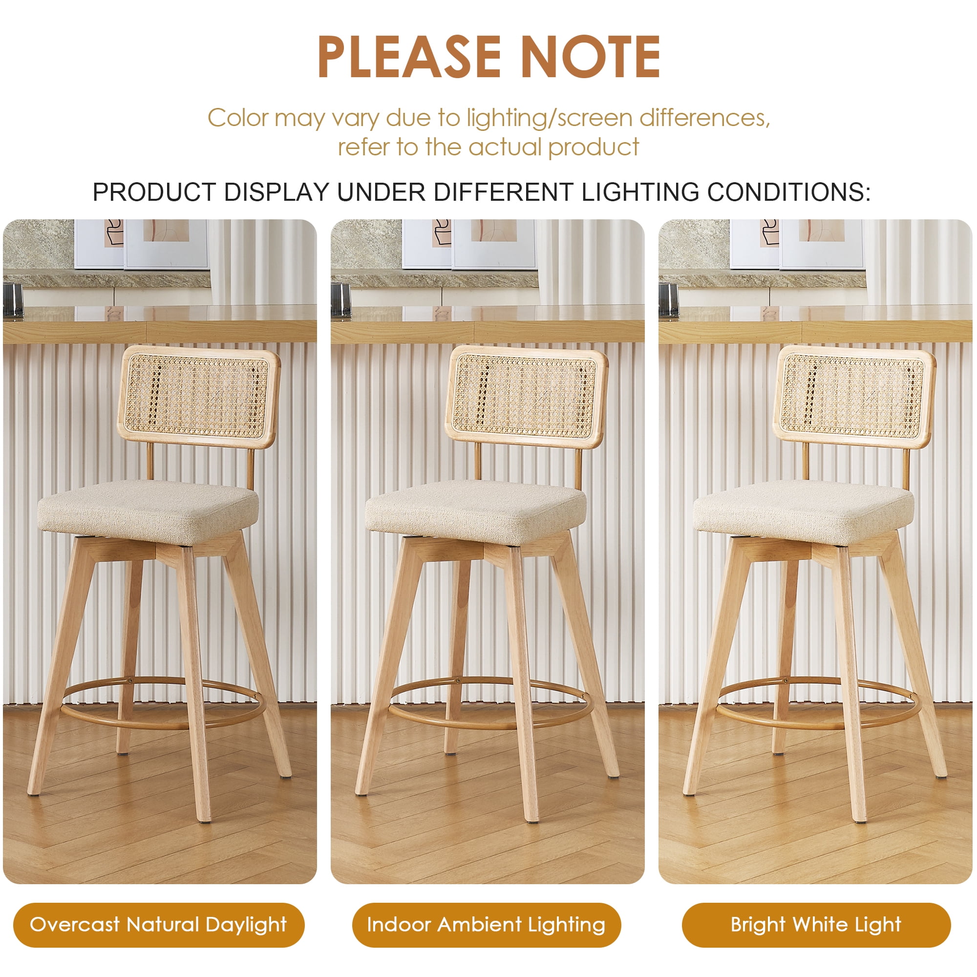 Zesthouse 26.2" Swivel Counter Height Bar Stools Set of 2, Upholstered Linen Counter Stools with Rattan Back, Mid Century Barstools with Solid Wood Frame for Kitchen Island, Beige