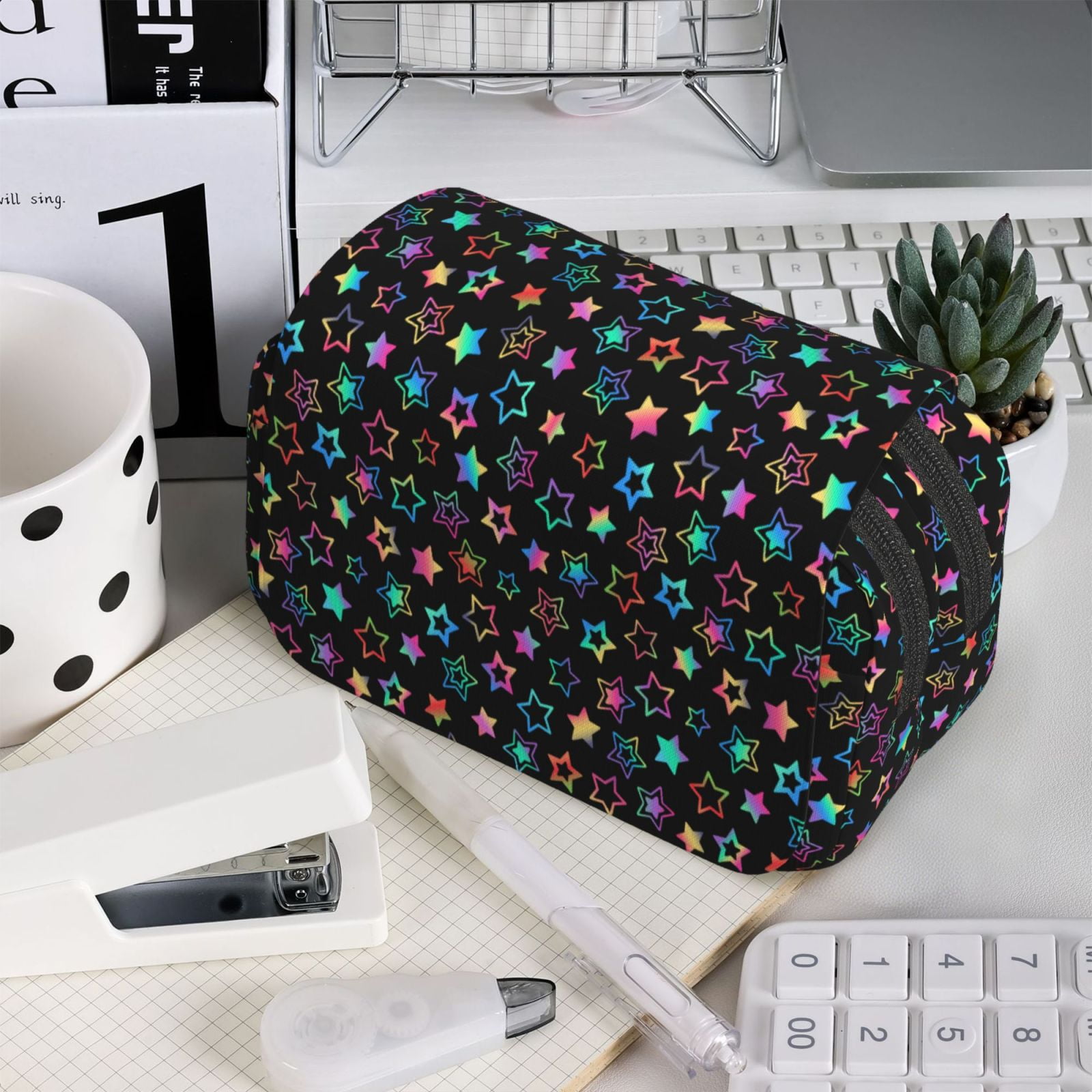 Rateoe Multi-Colored Stars Pattern Double Clamshell Pen Case, Storage Organizer with Two Zipper Compartments– Holds Up to 50 Pencils & Pens