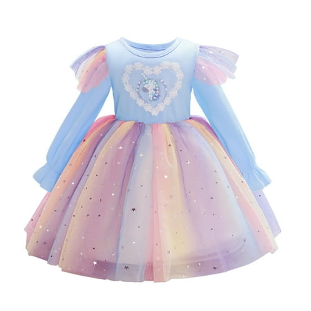 

OLLUISNEO 5-6 Years Little Girls Dress Long Sleeve Heart Prints Party Formal Dress Blue